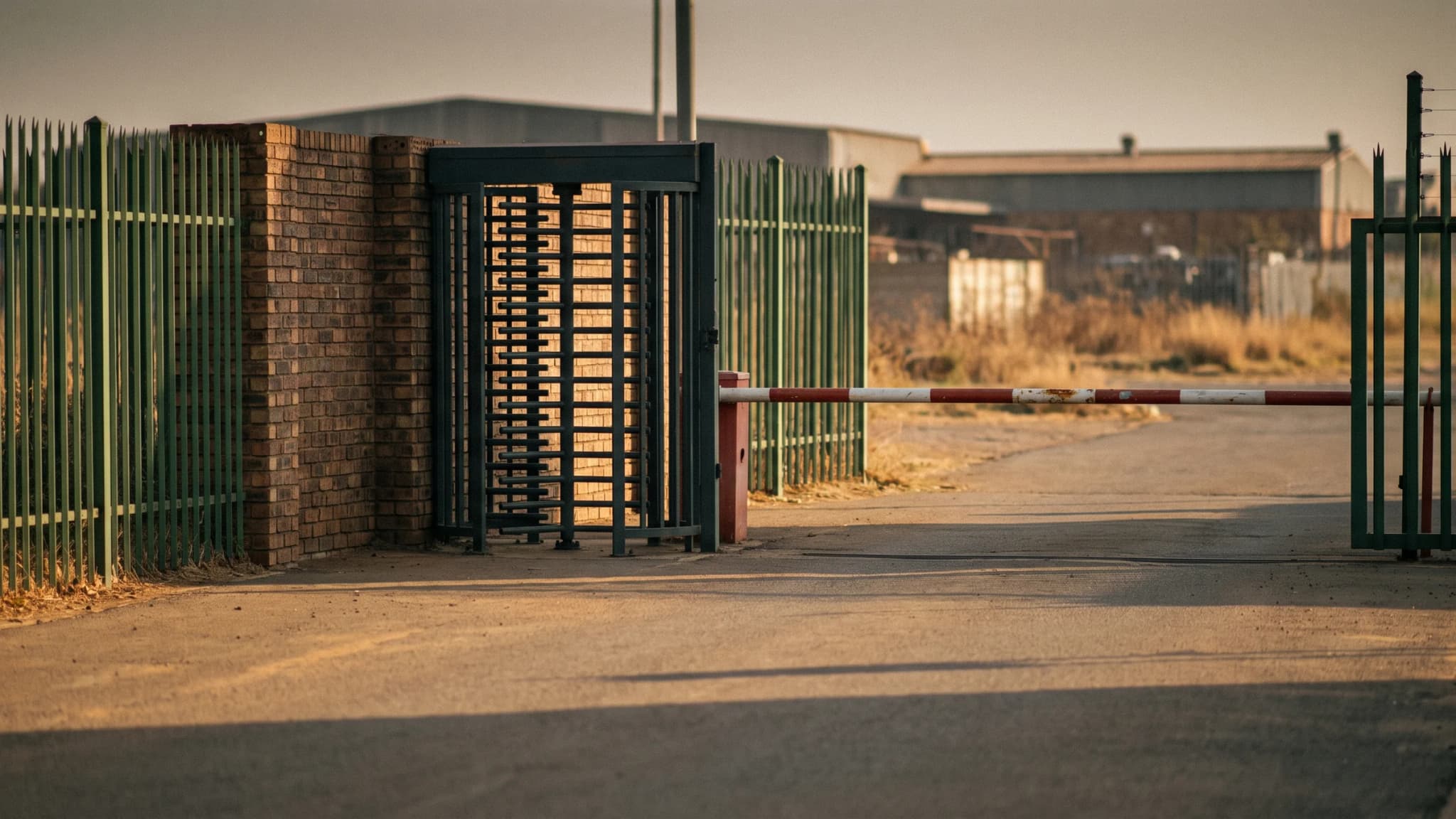 A pedestrian turnstile lane and vehicle boom at an estate entrance